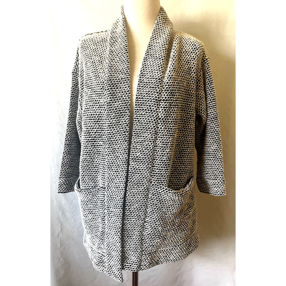 Marine Layer Sweater Size L Black White Birdseye Cardigan Open Front 3/4 Sleeve - Picture 1 of 10